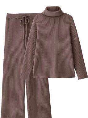 Ribbed Turtleneck Knit Set in Mauve Brown